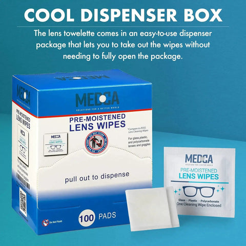 Premoistened Lens Cleaning Wipes for Glasses, Pack of 100, Streak Free with dispenser box and individual wipe packet.