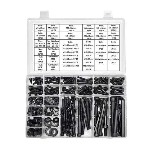 434 Piece Metric Bolt Kit With M5 M6 M8 M10 M12 Screws Nuts Washers And Hex Socket Head Cap Screws Grade 12.9 Steel Cylindrical Heads Includes 12 To 100mm Lengths For DIY Auto Shop And Machinery Projects.
