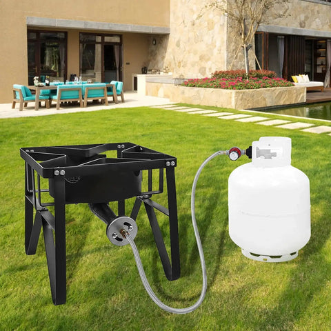 Outdoor setup with high pressure 0-30 PSI adjustable propane regulator kit, Type 1 QCC-1 connection, 48-inch stainless steel hose by Stanbroil