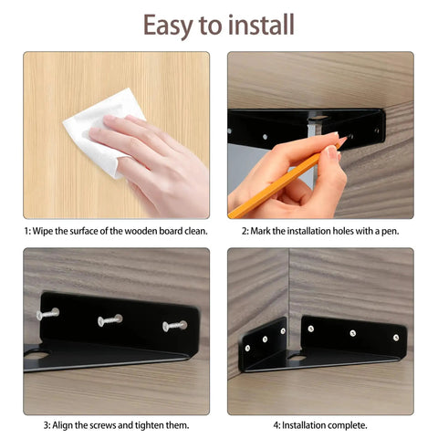 Installation steps for Set Of 4 Beefy Heavy Duty Gusset Joints For Furniture And Shelves in black finish.