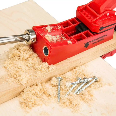 Close-up of Pocket Hole Jig Kit With Builders 500 Screw Pack For Three Quarter Inch Hard And Soft Wood in use on wood