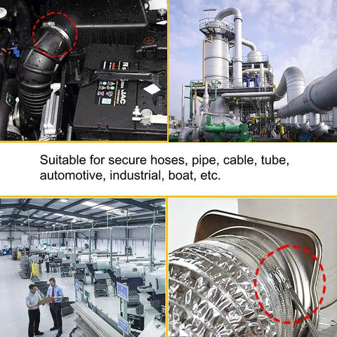 6 Pieces Adjustable 304 Stainless Steel Worm Gear Hose Clamps Set used on industrial and automotive pipes and ducting.