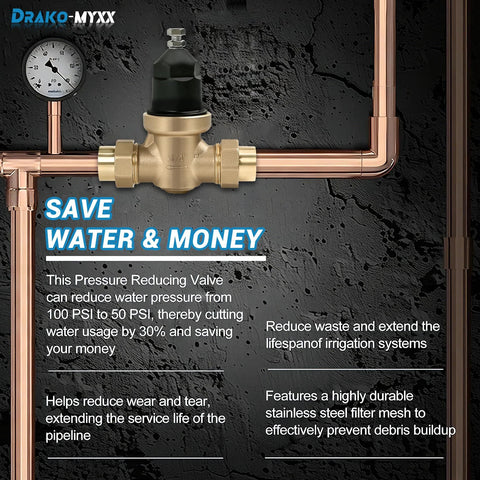NR3XL brass pressure reducing valve with double union FNPT on copper piping, black adjustment cap, Drako-Myxx