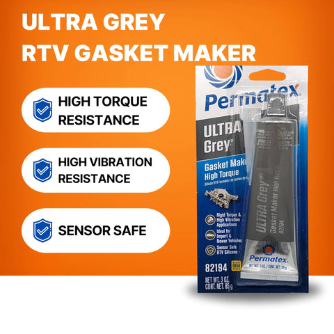 Permatex Ultra Grey RTV gasket maker tube in blister pack; orange background with Torque, Vibration, Sensor Safe.