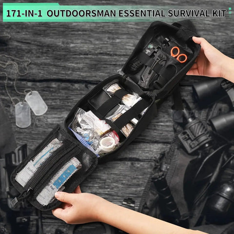 171 Piece Survival First Aid Kit With Emergency Gear And MOLLE Nylon Bag, opened to show supplies inside, ideal for outdoor adventures.
