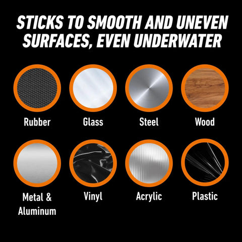Image showing surfaces compatible with Waterproof Patch And Seal Tape Black 4x10 Inch, including rubber, glass, and steel.