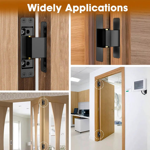 Invisible Hidden Door Hinge Kit For Concealed Doors And Feature Walls Featuring 110 Degree Swing And 2 Way Adjustable Butt Hinges Black Four Point Five Inch Matte Lipshome installed on wooden doors showing hinge applications in interiors.