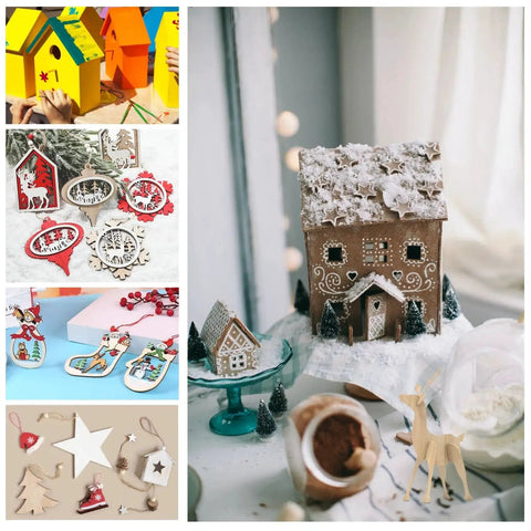 Collage of Christmas crafts including handmade decorations and gingerbread house