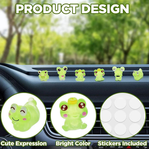 Giraffe Car Interior Decor Set For Dashboard And Rearview Mirror, showing six green frog figures with adhesive stickers on car dashboard.