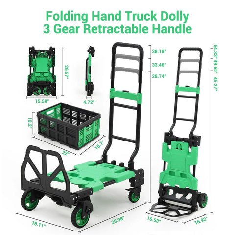 2 In 1 Folding Hand Truck With Foldable Basket For Luggage And Groceries, Convertible Dolly Cart With 4 Wheels And Retractable Handle, 330 Lb Capacity, Portable Utility Cart For Travel, Shopping, Home, And Warehouse, Green with measurements shown