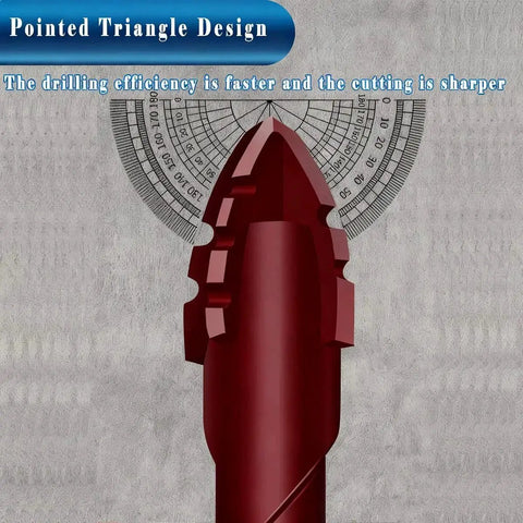 Close-up of a red drill bit with a pointed triangular tip, labeled '10 Piece Red One Quarter Inch Serrated Eccentric Masonry Drill Bit Set Pro Grade For Concrete Tile Brick Glass Plastic Marble And Wood Includes 6mm Bits And Precision Crisscross Serrated Tip For Skid Free Drilling' against a marked measurement background.