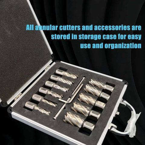 Six Piece Annular Cutter Set For Magnetic Drill Press With M2 High Speed Steel Bits Pro Grade Quality Offering One Inch Cutting Depth And Diameters From Seven Sixteenths Inch To One And One Sixteenth Inch Includes Two Pilot Pins And One Hex Wrench in storage case