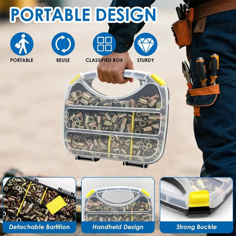 Person carrying Rivet Nut Tool Kit with 7 Mandrels and 455 Rivet Nuts in a portable box, showcasing detachable partition and strong buckle.