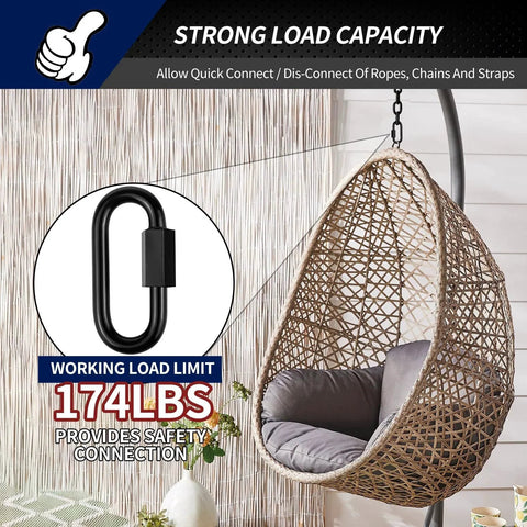 Image of a hanging chair using a 1.46 Inch Chain Quick Links Set Of Ten Marine Grade Screw Chain Links for indoor/outdoor use, 175 lb limit.