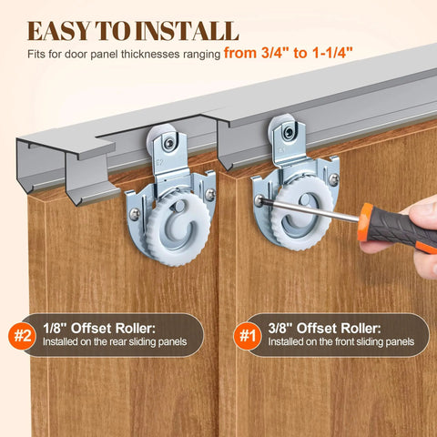 Close-up of Six Piece Sliding Closet Door Hardware Kit With Front And Rear Rollers installation showing offset rollers and screwdriver.