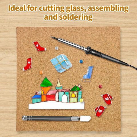 12 By 12 By 0.5 Inch Stained Glass Work Surface Cutting Mat Heat Resistant Starter Kit With Tools For Tabletop And Countertop Protection Durable Non Slip Easy To Clean Pro Grade Glass Cutting Surface shown in use with stained glass pieces and tools for glass cutting and soldering.