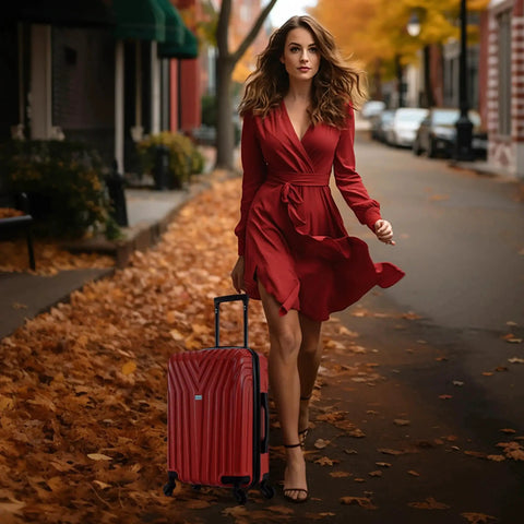 Woman walking with Lightweight 20 Inch Carry On Hardside Luggage With Spinner Wheels Durable Micro Diamond Finish Red Travel Case