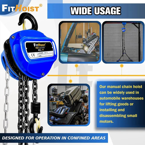 1 Ton Hand Chain Hoist With 20 Ft Chain In G80 Manganese Steel, displayed in auto shop setting, heavy-duty hooks visible
