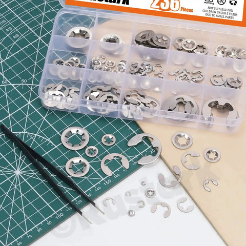 Stainless Steel E Clips and Internal Tooth Star Lock Washers Kit, 304 Grade, displayed with tweezers on a green cutting mat