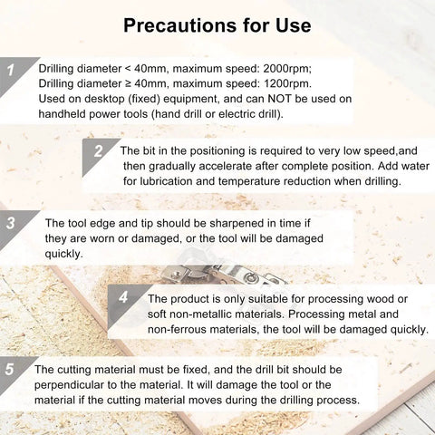 Precautions for use of Forstner Drill Bit Set 75mm And 85mm With Hex Shank 10mm Tungsten Carbide Cutter for wood and plastic.