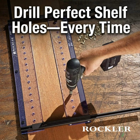 Self Centering Shelf Drilling Jig For Straight Holes, Quick Setup Drill Guide and Adjustable Shelf Template in use