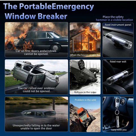Visual guide of 3 Pack Car Window Breaker Hammer And Seatbelt Cutter Kit With 2 In 1 Emergency Escape Tool in various emergencies.
