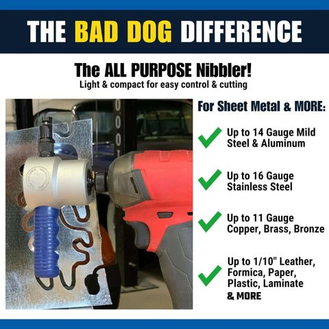 Drill Mounted Dual Head Nibbler Attachment With Steerable Heads cutting metal sheet, features for metal and more listed.
