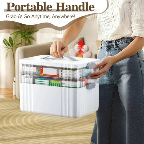 Person carrying Three Tier Portable Medicine Organizer Cabinet With Detachable Transparent Trays And Sturdy Plastic Handle Perfect For Grab And Go Everyday Use Multipurpose Medical Box For Pills First Aid Supplies At Home Or On The Go ARSTPEOE