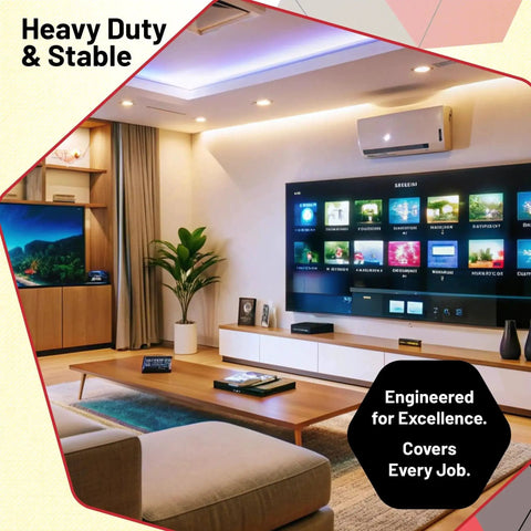 Modern living room with large wall-mounted TV, beige furniture, wooden shelves, and ambient lighting.