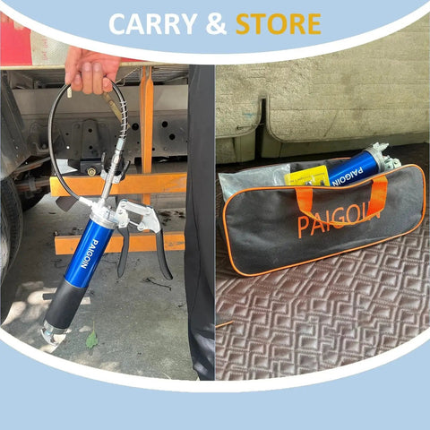 All In One Built Tough Heavy Duty 8000 PSI Pistol Grip Grease Gun Kit with 14 oz cartridge and hoses shown in use and stored
