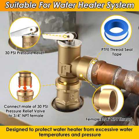Brass Gulfmew 30 PSI pressure relief valve with 3/4 NPT female thread, includes PTFE seal tape for water heater systems