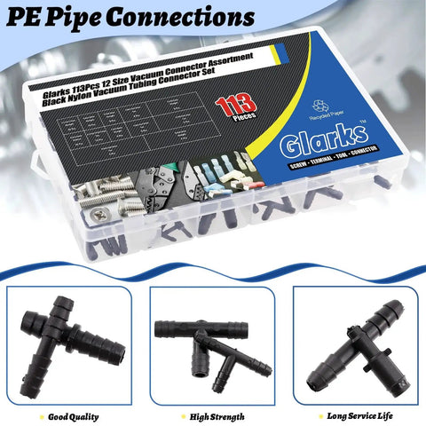 113 Piece Vacuum Connector Set In 12 Sizes, Black Nylon Tubing Connectors For Automotive Hose And Tubing, clear storage box view