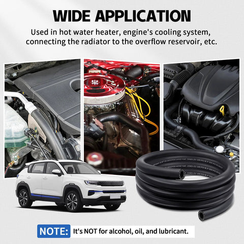 Boltigen 5/8in heater hose, 20ft black automotive coolant/fuel line, SAE J20R3 D2, 100 PSI, coiled in engine bay