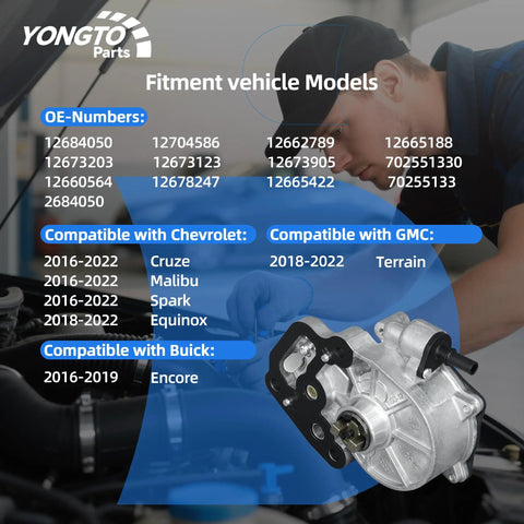 Brake vacuum pump, Yongto Parts, silver aluminum body with black mounting plate, for GM models 2016–2022.