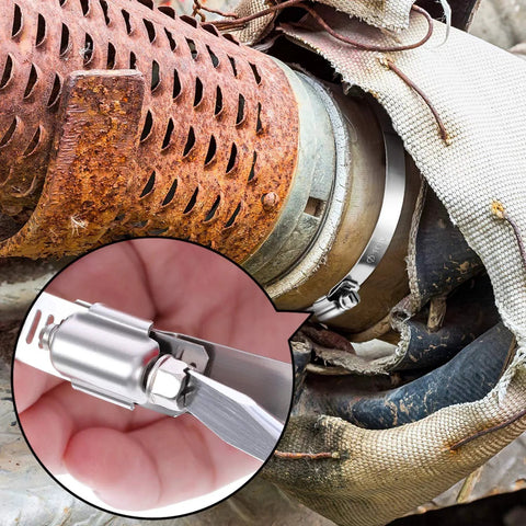 4 Piece 8 Inch Adjustable 304 Stainless Steel Duct Hose Clamps Worm Gear Clamps For Pipe Intercooler Plumbing Tube And Fuel Line Leak Proof Corrosion Resistant Long Lasting Durable installed on a pipe showing close-up detail of clamp mechanism.