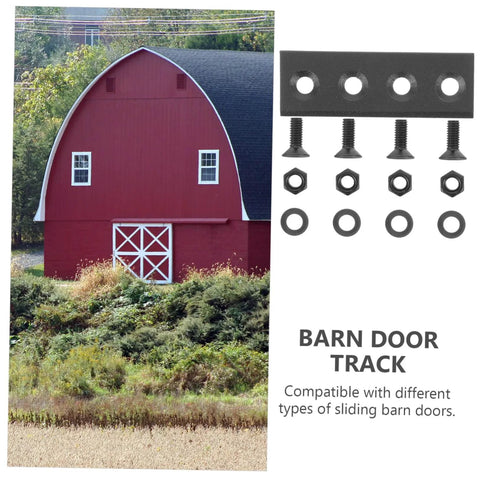 Heavy Duty Sliding Barn Door Track Connector Replacement Plate For Smooth Operation Flat Mending Plate To Link Door And Track Durable Barn Door Hardware For DIY Home Renovation And Quick Fix, shown with screws and nuts for assembly beside a red barn.
