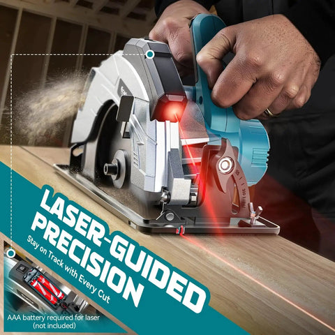 Cordless Circular Saw With Laser Guide By Ecarke For Makita 18V Batteries Bare Tool in use, cutting wood with laser precision