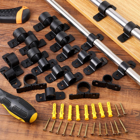 50-pack 1/2 inch pipe clamp supports, black plastic, for PEX, copper, and CPVC pipes; includes screws and yellow wall anchors.