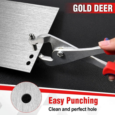 Beefy Built To Last Ceiling Grid Punch Pliers Kit With 3.3mm Hole Punch for Rivets and Metal Sheet. Shown punching metal sheet.