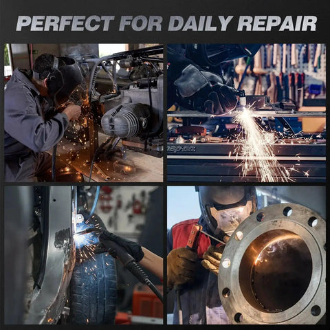 Workers using 9 In 1 MIG TIG Stick Plasma Cutter Welding Machine With App Control for various welding tasks in a garage setting.
