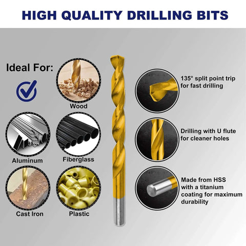 276 Piece Titanium Twist Drill Bit Set With S2 Bits 135 Degree Tip High Speed Steel Heavy Duty For Various Materials