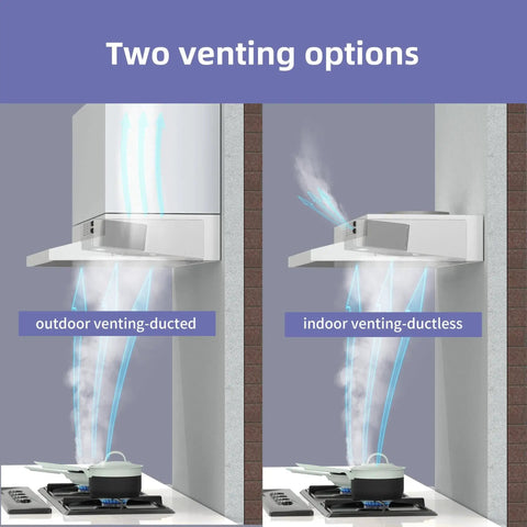 Diagram showing two installation options for a 30 Inch Under Cabinet Range Hood Stainless Convertible Ducted Ductless 300 CFM.