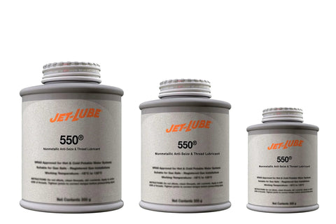 Three jars of Jet-Lube 550 Non Metallic Anti Seize Lubricant For Threads Surviving Extreme Heat And Cold, Water Resistant Military Grade Formula With Rust And Corrosion Inhibitors, Sulfur Lead Copper Free, Delivers Controlled Friction And Torque For Hydraulic Efficiency, Half Pound.