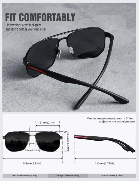 Polarized Aviator Sunglasses For Men With Square Frame And UV 400 Protection 61mm Black Lenses For Driving And Outdoor Use Dope Durable Eyewear With Essential Accessories.