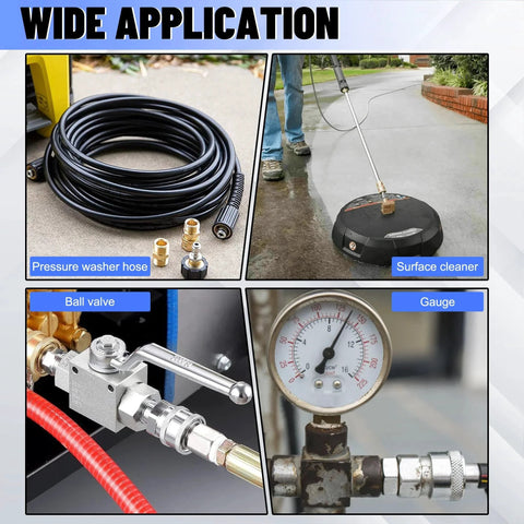 Stainless Steel 3/8 Inch Quick Connect Hose Fittings Set For Pressure Washers, 8-Piece M-F 3/8 NPT Quick Connect Adapter With Teflon Tape in use with pressure washer and gauge.