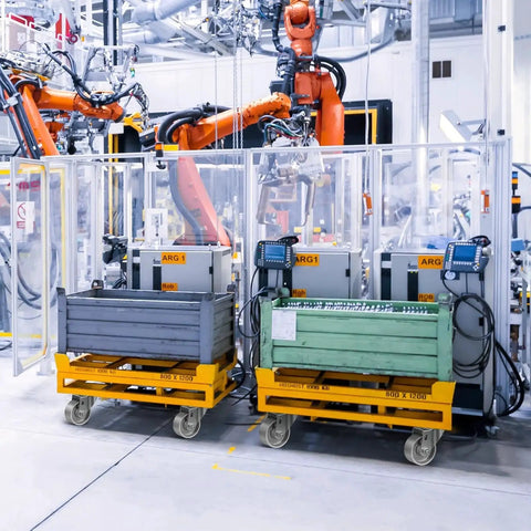 Industrial casters set of 4 with 1400 lb capacity under heavy-duty carts in factory setting with robotic arms in background.