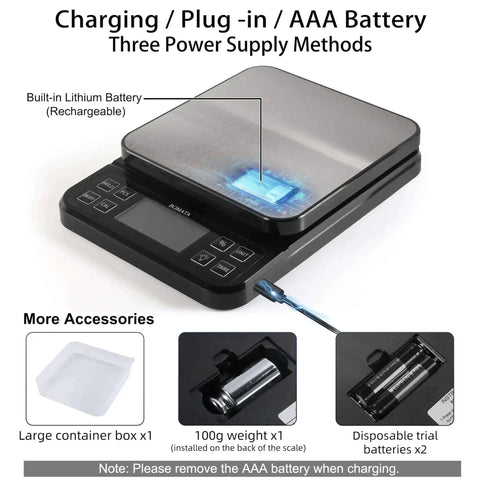 Large Kitchen Scale With 0.1g Precision And 11lb Capacity USB Rechargeable shown with charging cable and accessories