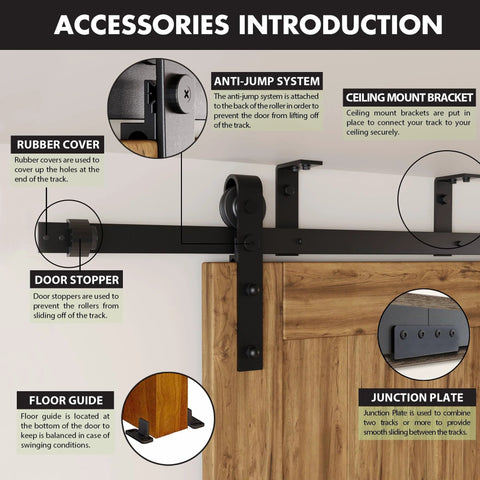 Accessories of Black Rustic Ceiling Mount Sliding Barn Door Hardware Kit For Double Doors, 18ft Flat Track, Interior Use Only