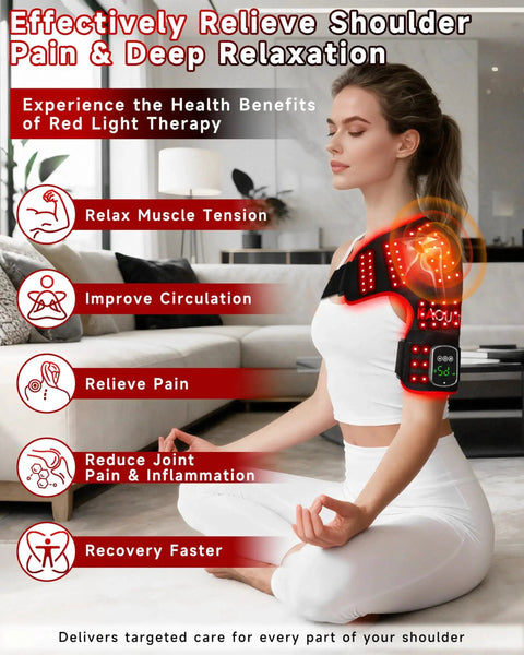 Woman using Cordless Red Light Therapy Shoulder Wrap With Vibration Massage And Heated Pad 5000mAh Rechargeable Massager indoors