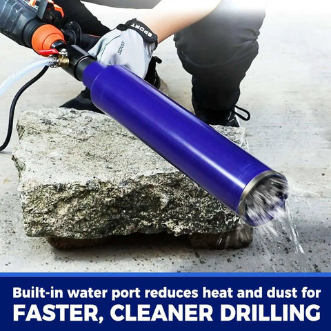 Heavy Duty 2-1/2 Inch Wet Core Drill Bit Kit With SDS Plus Water Injection Adapter and water hose drilling into concrete
